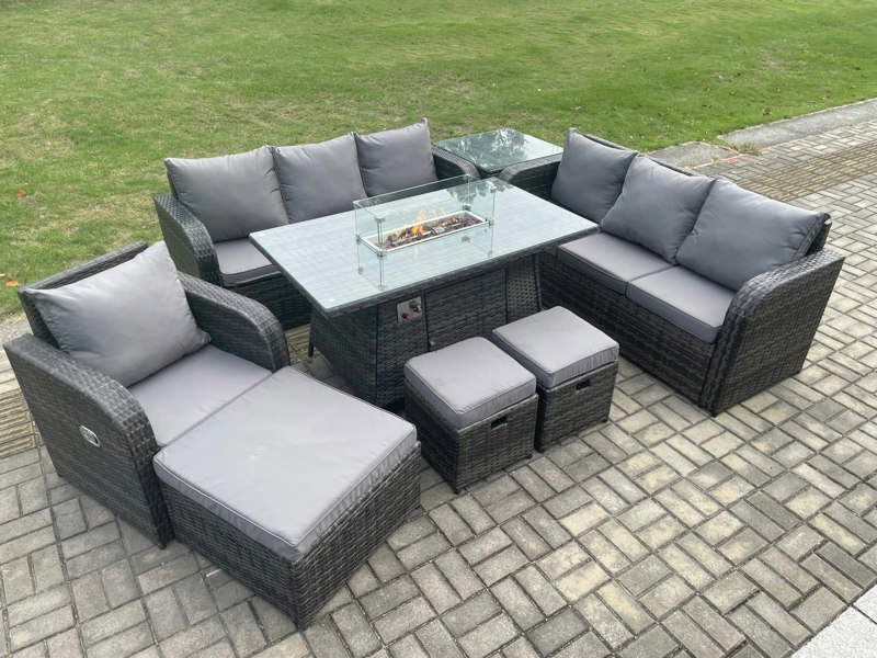 Fimous Rattan Outdoor Garden Furniture Set with Gas Fire Pit Dining Table, Reclining Chair, 2 Sofas, Side Table, 3 Footstools - 10 Seater - Dark Grey