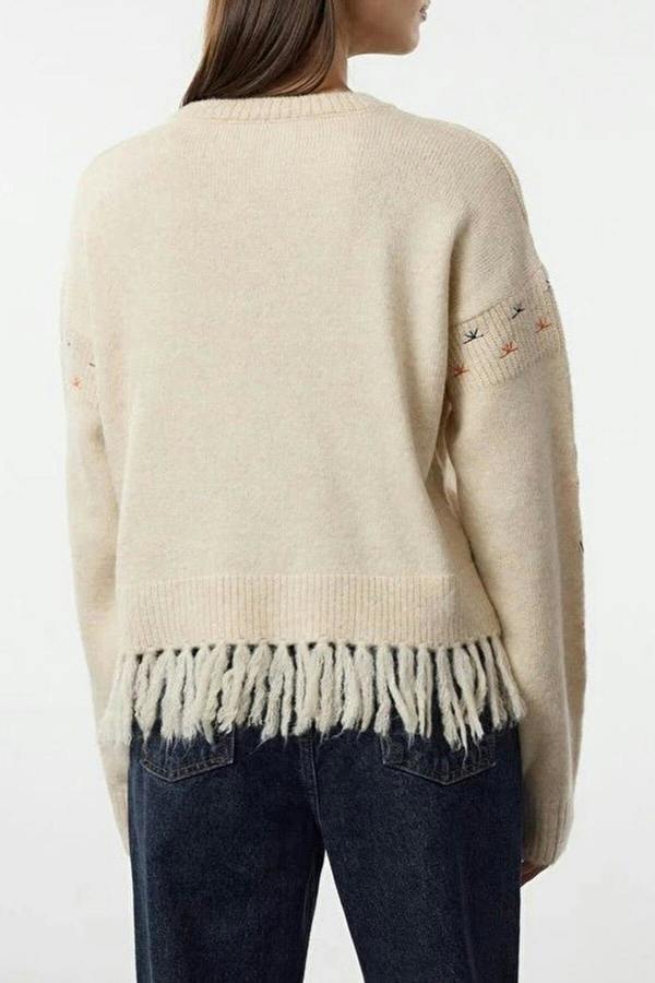 WOVCOR Soft Textured Tassel Embroidered Knit Sweater