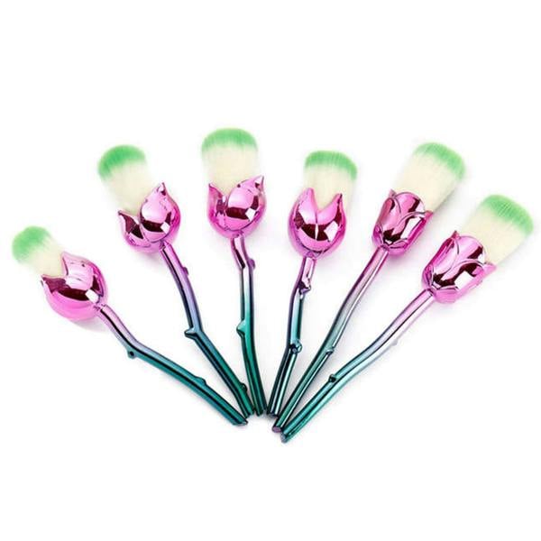 Aquarius 6pcs Rose Makeup Brush Set Pink Blue Flower Sculpted Handle Cosmetic Tool Kit