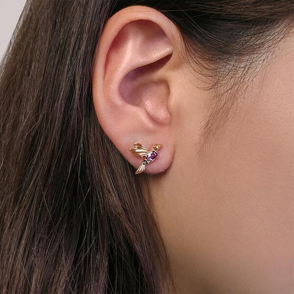 Gemondo ECFEW Pink Amethyst and Blue Topaz Hummingbird Stud Earrings in 925 Sterling Silver