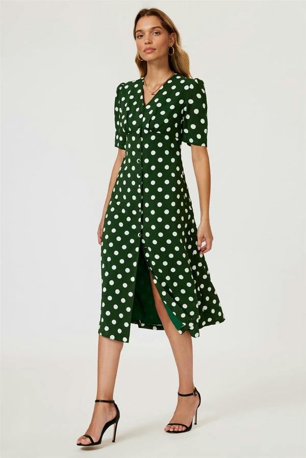 FS Collection Polka Dot Print Button Front Midi Dress In Green