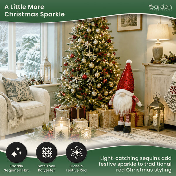 Large Red Glam Christmas Gonk Figure, 80cm Tall Standing Decoration with Sparkly Sequined Hat, Polyester Indoor Ornament