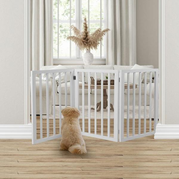 Pawz Wooden Pet Gate Dog Fence Retractable Barrier Portable Door 3 Panel White