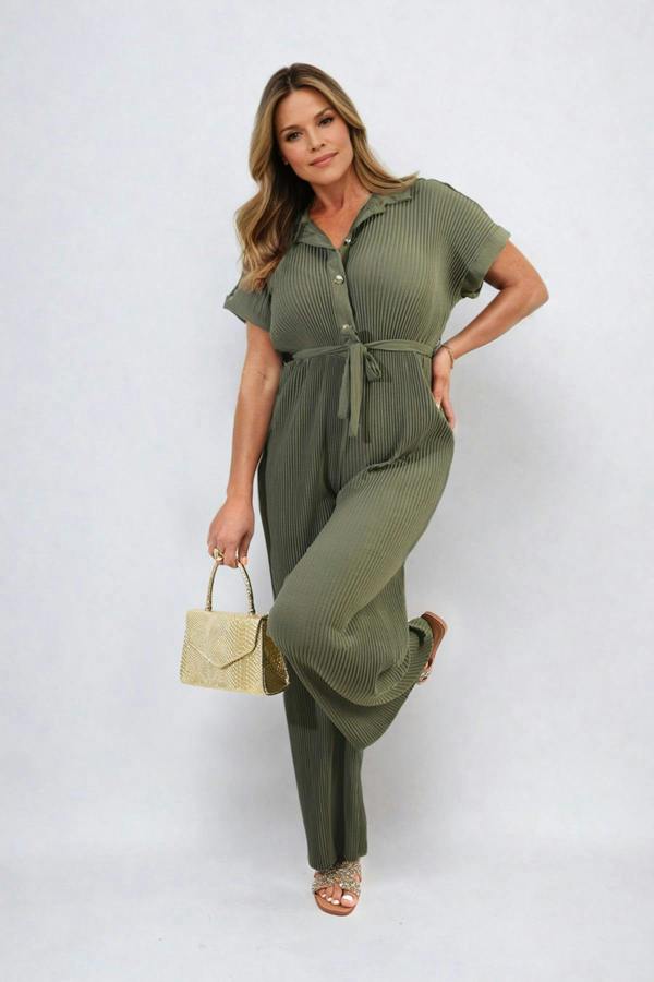 Marina Tie Waist Short Sleeve Pleated Jumpsuit - Khaki