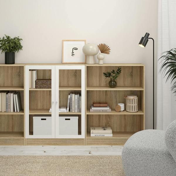Furniture To Go Basic Low Wide Display Cabinet in Oak (2 Shelves) with 2 Glass Doors in White