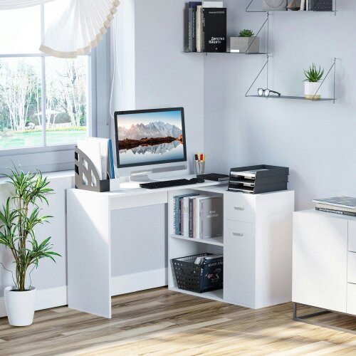 Wyld Haus Conono 173cm Wooden White Wood Grain L Shaped Desk With Drawer Shelves And Storage Cabinet