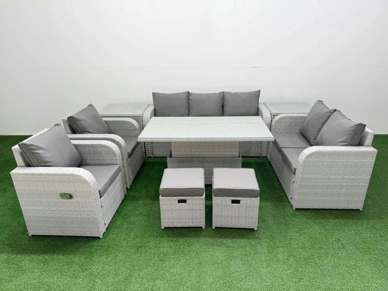 Fimous PE Rattan Patio Sofa Set, Adj Height Table, Reclining Sofa, Double Love Seat, 2 Seater Lounge, 2 Stools and 2 Side Tables, Light Grey