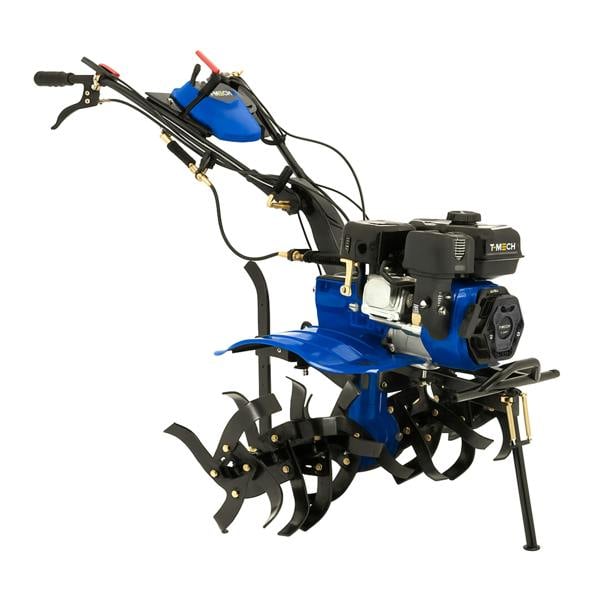 7.5hp petrol rotavator with blue body, black tilling blades, and ergonomic handles, designed for efficient soil cultivation