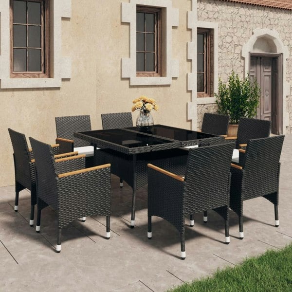 Berkfield 9 Piece Garden Dining Set Poly Rattan and Tempered Glass Black