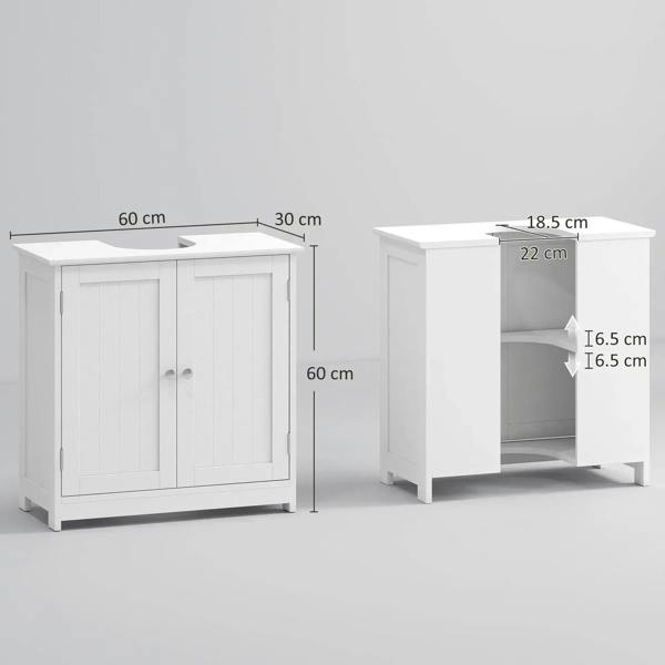 White under-sink cabinet with two doors, shown front view and open side storage