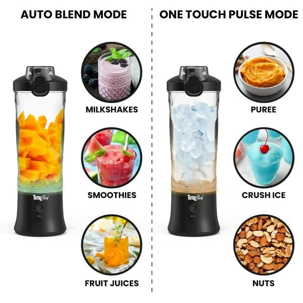 Total Chef 600ml Portable Blender USB Rechargeable Smoothie Maker for Shakes, Juices & Gym (Black)