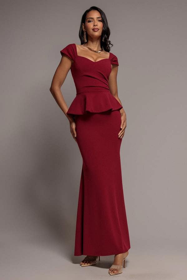 Cap Sleeve Sweetheart Peplum Scuba Maxi Dress - Burgundy DR5302