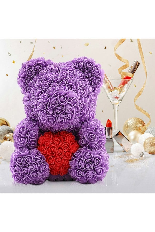 Living and Home Artificial Rose Heart Teddy Bear with Gift Box