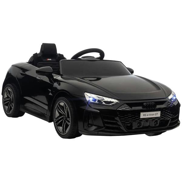 Black licensed kids electric ride-on car, front three-quarter view with LED headlights