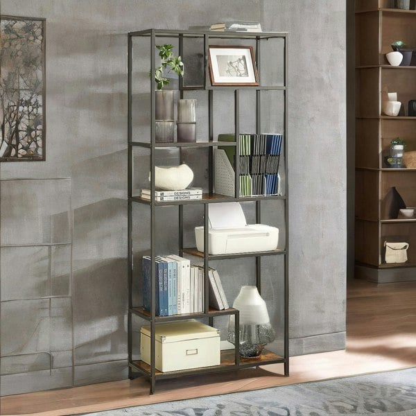 Rafaelo Mobilia 175CM Tall Industrial Bookcase With 6 Tiered Shelves