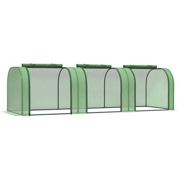 Green mini polytunnel greenhouse with zip-up end doors on black steel frame