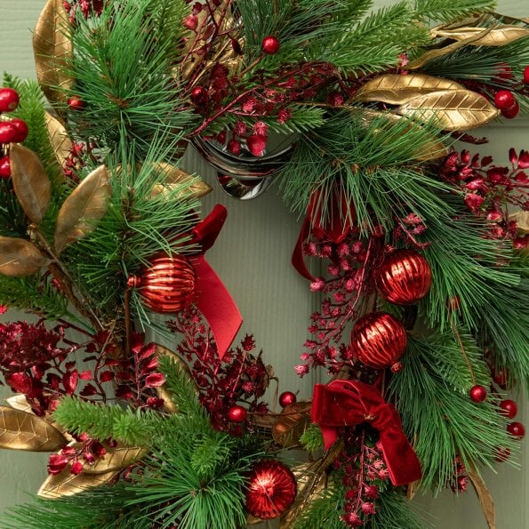 Samuel Alexander 38cm Ruby Velvet Christmas Wreath with Red Baubles, Berries & Bows