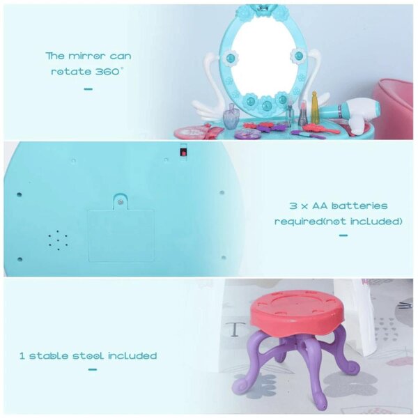 HOMCOM Kids Pretend Play Plastic Vanity Table Set - Blue