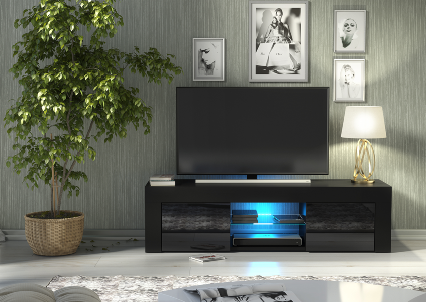 Mex Furniture 130cm TV Unit Cabinet TV Stand with Black High Gloss Doors