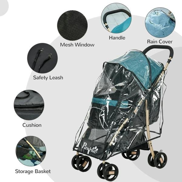 Pet stroller feature callouts: mesh window, rain cover, safety leash, cushion, basket