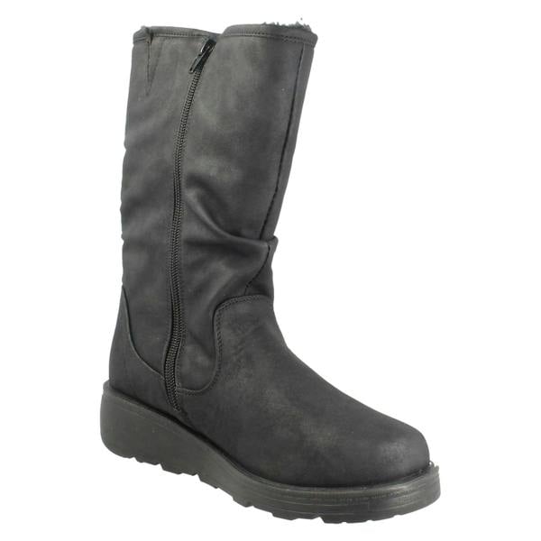 Spot On Ladies Spot On Fur Lined Zip Up Wide Fit Wedge Heel Mid Calf Boots F4466
