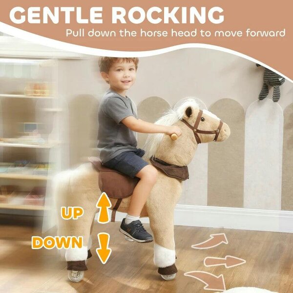 Rocking Horse, Plush Ride On Horse with Rolling Wheels & Saddle, Ride On Pony Toy for Kids 3-5 Years, Up to 25kg, Brown