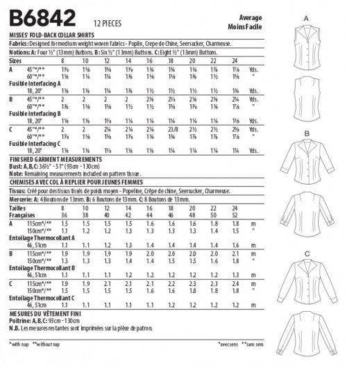 Butterick Sewing Pattern 6842, Shirts for Women, B5 (8-10-12-14-16) - Intermediate