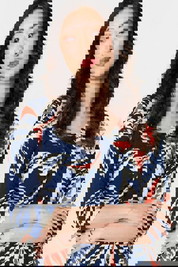 Navy | Floral Ruched 3/4 Sleeve Midi Dress
