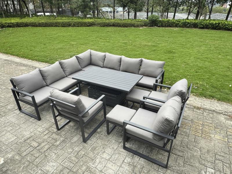 Fimous 11 Piece L-Shaped Garden Furniture Set 12-Seater Aluminium Outdoor Dining Set with Adjustable Rising Table, 3 Chairs & 2 Small Footstools