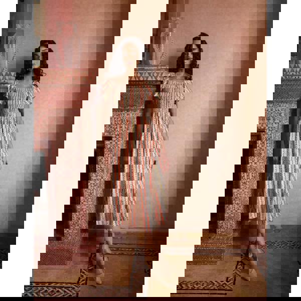 Blue Vanilla Short Sleeve Shirred Waist Abstract Print Dress