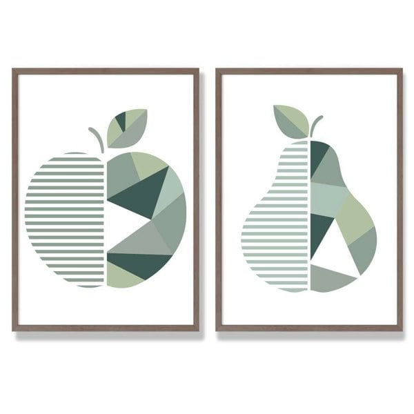 Sage Green Geometric Pineapple Fruit Set of 2 Art Prints with Walnut Frame