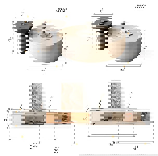 Eudora Modern Nesting Coffee Table Set With TV Stand, Cream And Grey-Weilai Concept-Weilai Concept