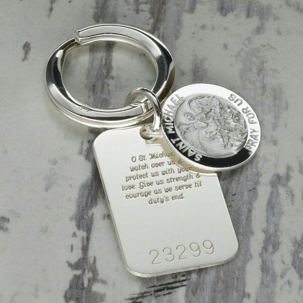 Christopher James of London Sterling Silver Personalised Rectangle St Michael Keyring With Prayer