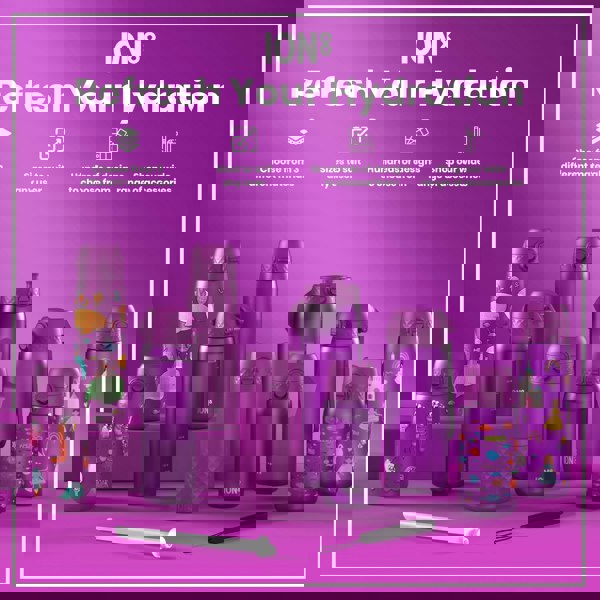 Several purple water bottles, varying in size and design, are displayed on a purple background. They feature child-friendly illustrations and the brand name “ION8”. The context promotes choosing from different materials, sizes, and designs, plus accessories.