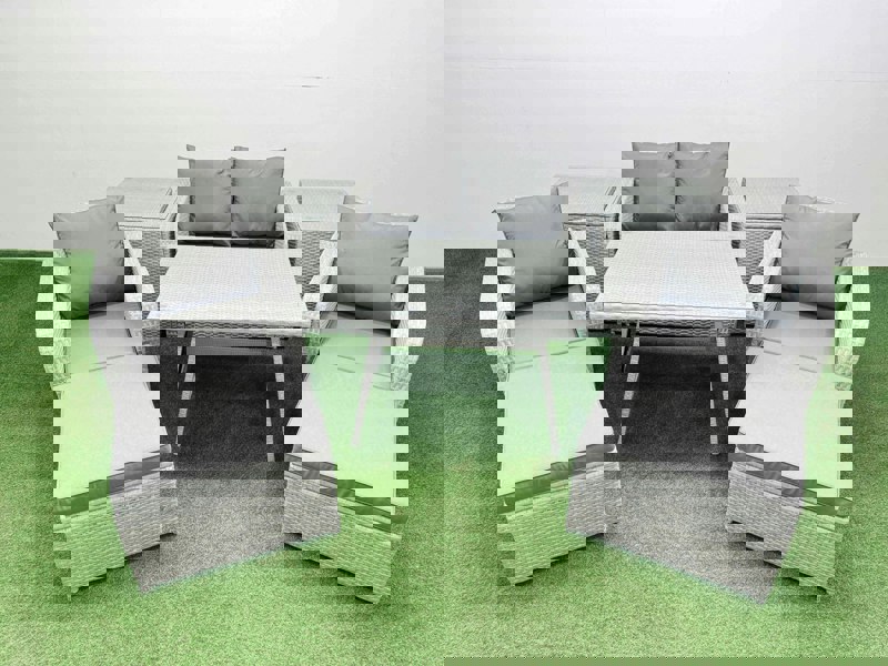 Fimous Light Grey PE Wicker Rattan Garden Furniture Set Sofa Set Reclining Chair Love Sofa Rectangular Dining Table 2 Big Stools 2 Side Tables