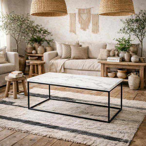 Wyld Haus Hazelmere White Marble Carrara Coffee Table Black Metal Legs