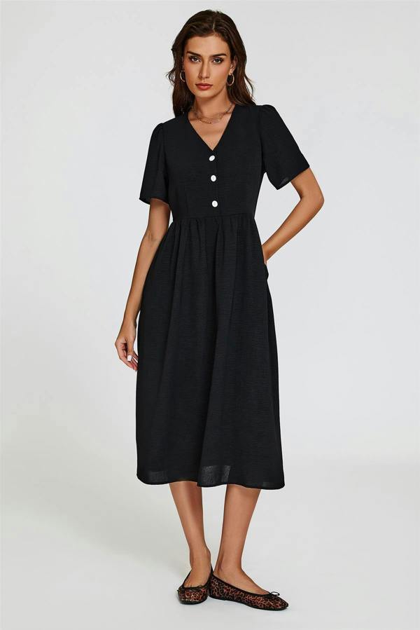 FS Collection Button Front Midi Dress In Black