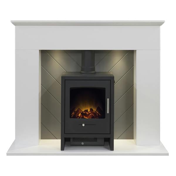 Adam Corinth Stove Fireplace in Pure White & Grey with Downlights & Bergen Electric Stove in Charcoal Grey, 48 Inch