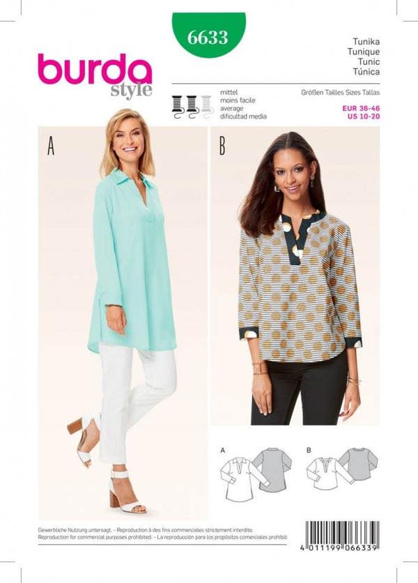 Burda Sewing Pattern 6633 Tops and Tunics For Women, 10 to 20 - Intermediate