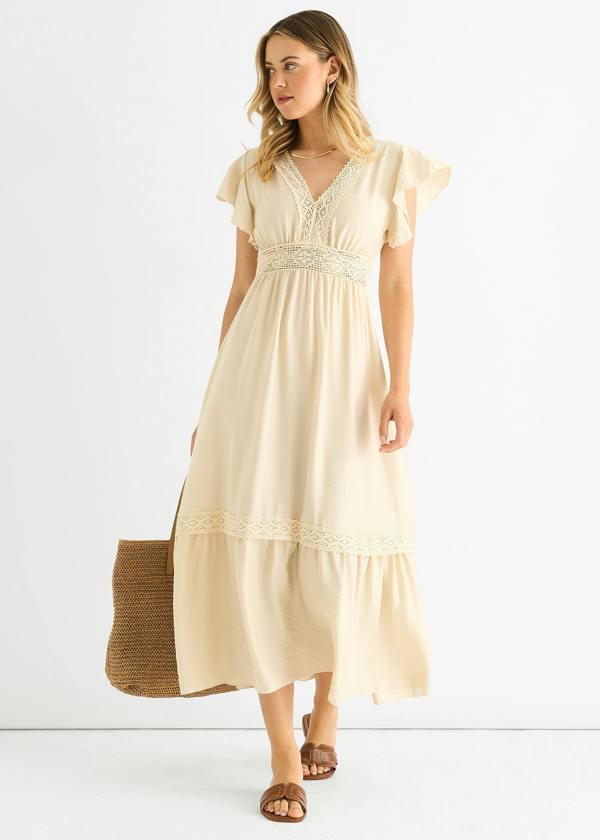 Gini London Beige Crochet Lace Panel Elasticated Waist Midi Dress
