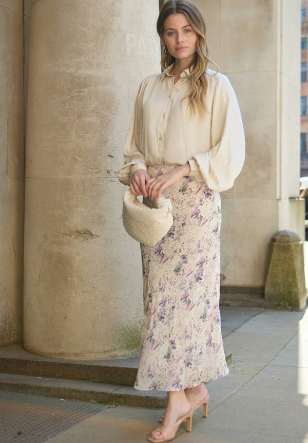 model wearing Saint Lace Insert Wonderland Print Midi Skirt In Multi - image 2