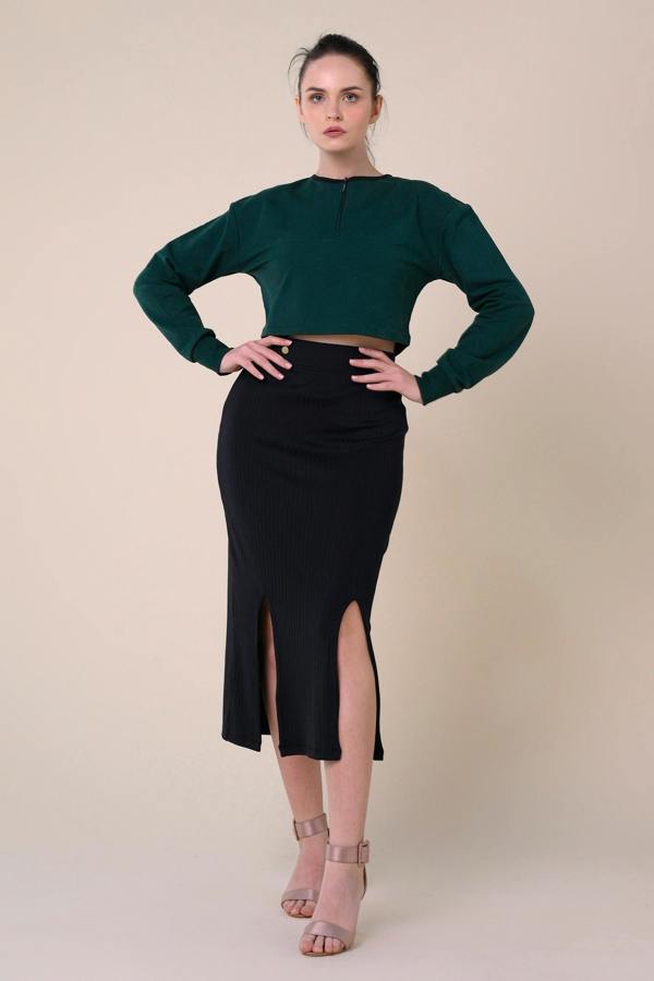 ENORSIA Crown Split Front Jersey Skirt
