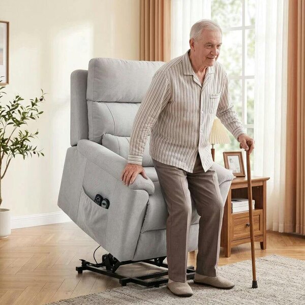 Power lift recliner chair with Massage and Heat, Terry Cloth Electric Lift Chair with Spring Cushion, Light Grey - Light Grey
