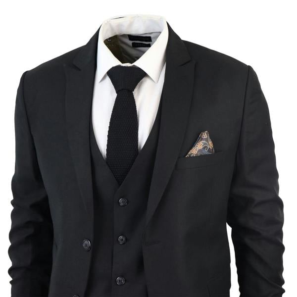 TruClothing Mens IM1 Classic Plain Black 3 Piece Suit