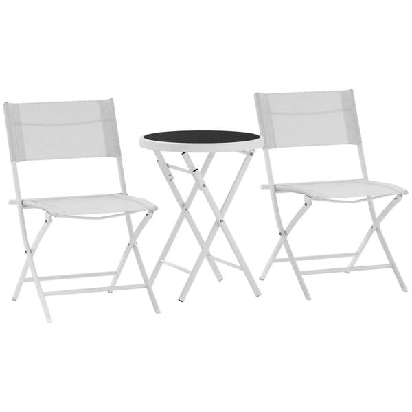White 3-piece outdoor bistro set: round glass-top table and 2 folding chairs