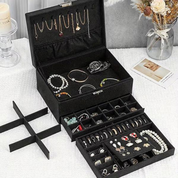 Dyzi Velvet Jewellery Box With Drawer Multi Compartment Storage Organiser