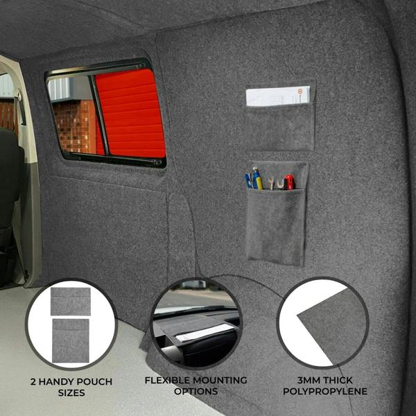 Smoke grey storage pouches made from 3mm thick polypropylene, featuring two sizes and flexible mounting options for organization