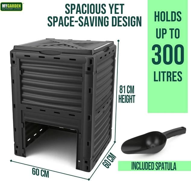 My Garden Outdoor Living Garden Compost Bin 300L with Spatula - Easy to Assemble Large Capacity Compost & Yard Waste Container