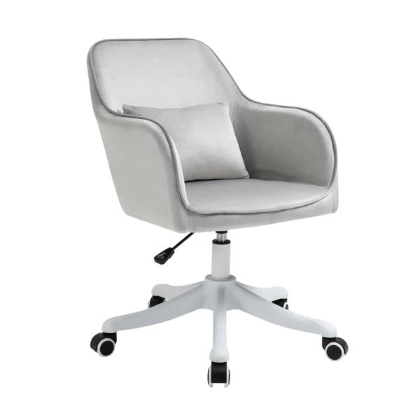 Grey velvet office chair with padded armrests and backrest on rolling caster base