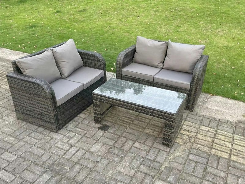 Fimous Dark Grey PE Wicker Rattan Garden Furniture Set Love Sofa 2 Seater Sofa Set Outdoor Rectangular Coffee Table 4 Seater